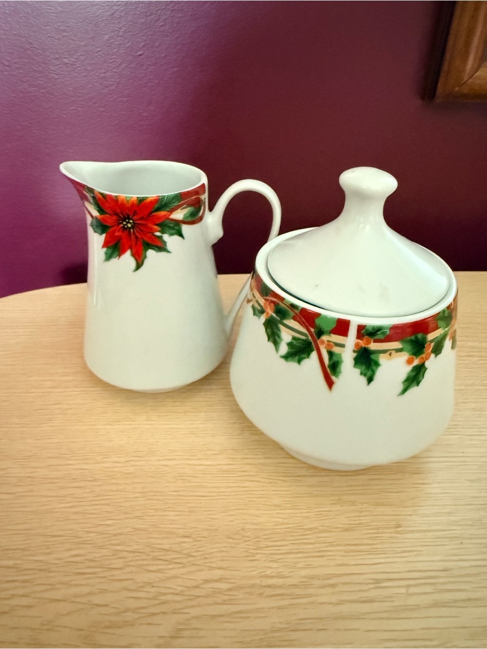 Holiday Poinsettia Creamer and Sugar Set - White with Red & Green